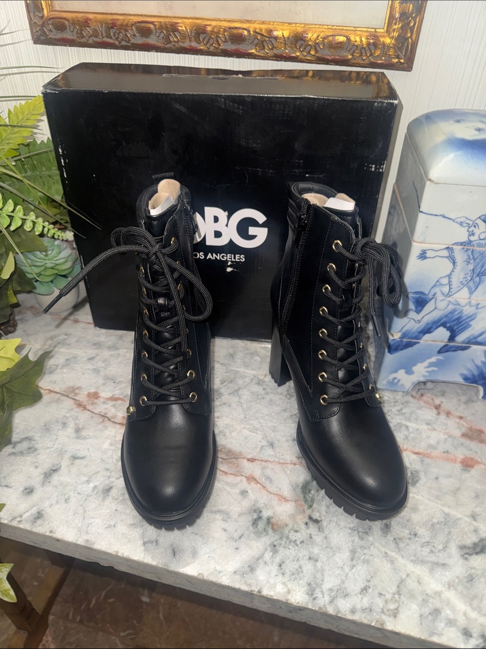 GBG Black Lace-Up Heeled Boots